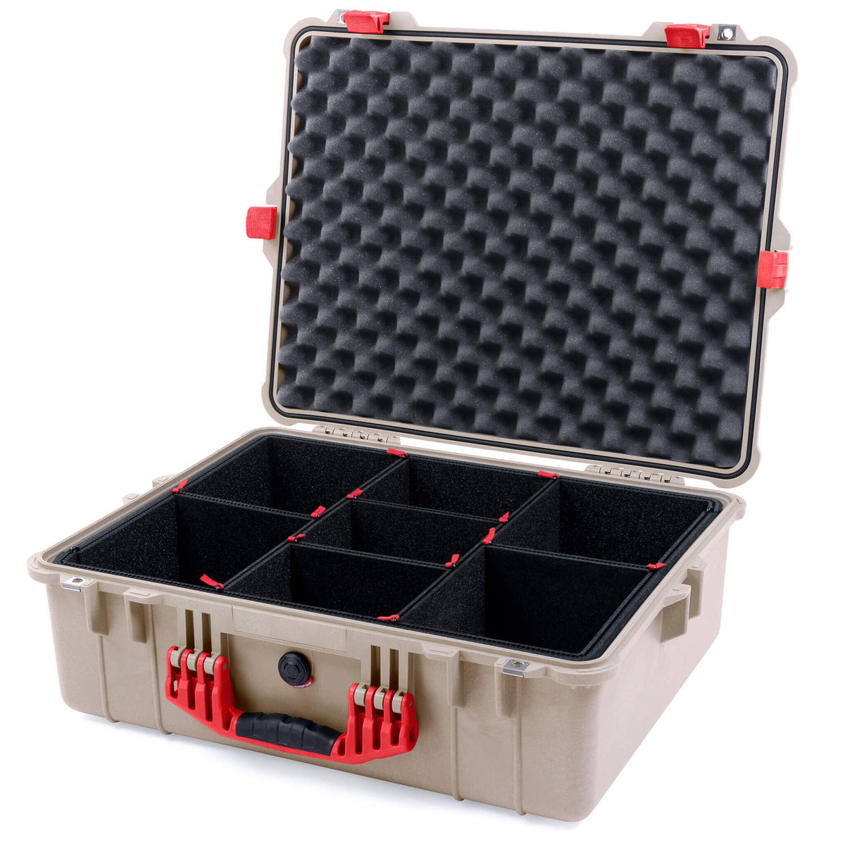 Pelican 1600 Case, Desert Tan with Red Handle &amp; Latches TrekPak Divider System with Convoluted Lid Foam ColorCase 016000-0020-310-320
