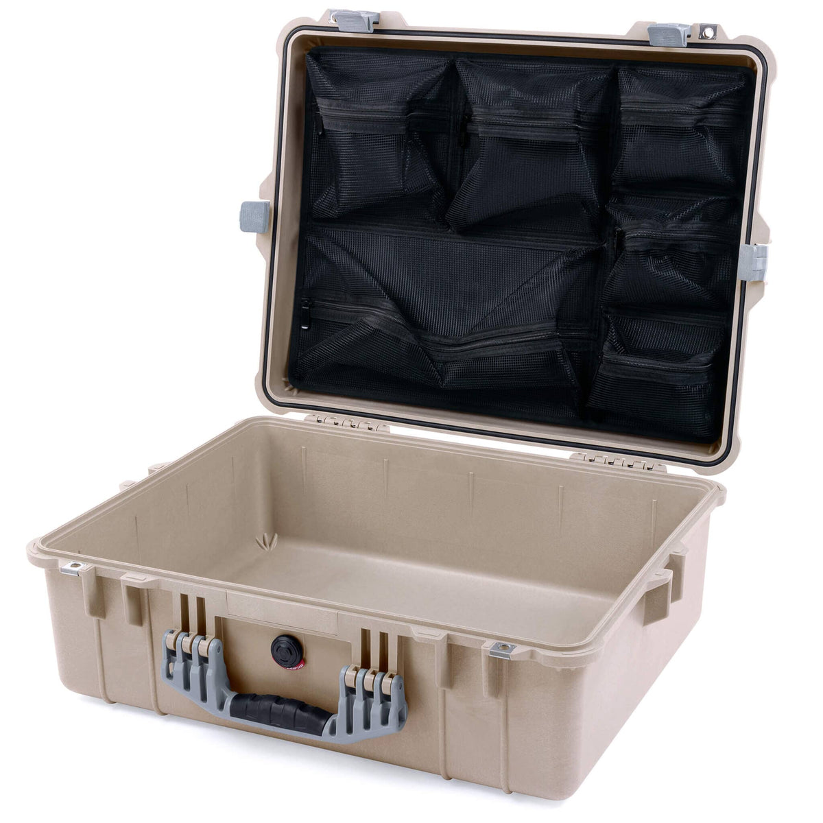 Pelican 1600 Case, Desert Tan with Silver Handle &amp; Latches Mesh Lid Organizer Only ColorCase 016000-0100-310-180