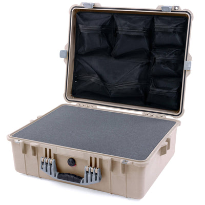 Pelican 1600 Case, Desert Tan with Silver Handle & Latches Pick & Pluck Foam with Mesh Lid Organizer ColorCase 016000-0101-310-180