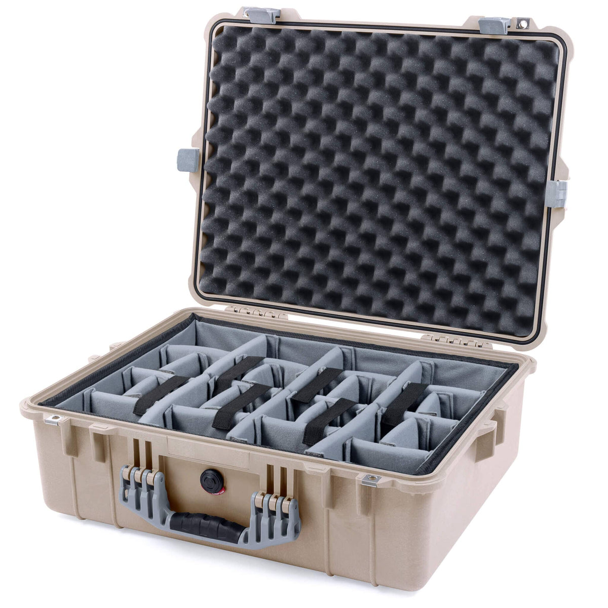 Pelican 1600 Case, Desert Tan with Silver Handle &amp; Latches Gray Padded Dividers with Convoluted Lid Foam ColorCase 016000-0070-310-180