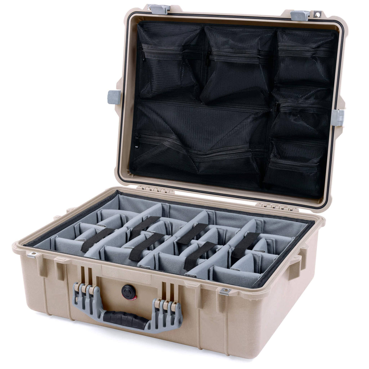 Pelican 1600 Case, Desert Tan with Silver Handle &amp; Latches Gray Padded Dividers with Mesh Lid Organizer ColorCase 016000-0170-310-180
