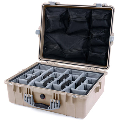 Pelican 1600 Case, Desert Tan with Silver Handle & Latches Gray Padded Dividers with Mesh Lid Organizer ColorCase 016000-0170-310-180