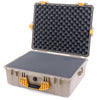 Pelican 1600 Case, Desert Tan with Yellow Handle & Latches Pick & Pluck Foam with Convoluted Lid Foam ColorCase 016000-0001-310-240