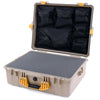 Pelican 1600 Case, Desert Tan with Yellow Handle & Latches Pick & Pluck Foam with Mesh Lid Organizer ColorCase 016000-0101-310-240