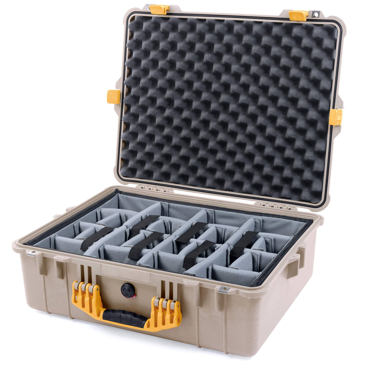 Pelican 1600 Case, Desert Tan with Yellow Handle &amp; Latches Gray Padded Dividers with Convoluted Lid Foam ColorCase 016000-0070-310-240