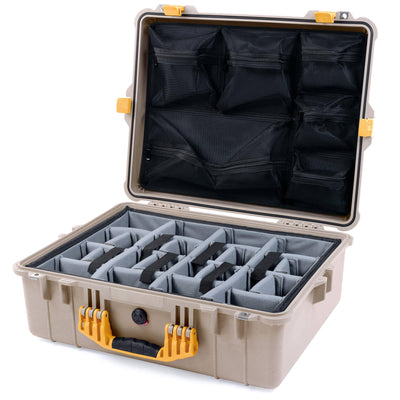 Pelican 1600 Case, Desert Tan with Yellow Handle & Latches Gray Padded Dividers with Mesh Lid Organizer ColorCase 016000-0170-310-240