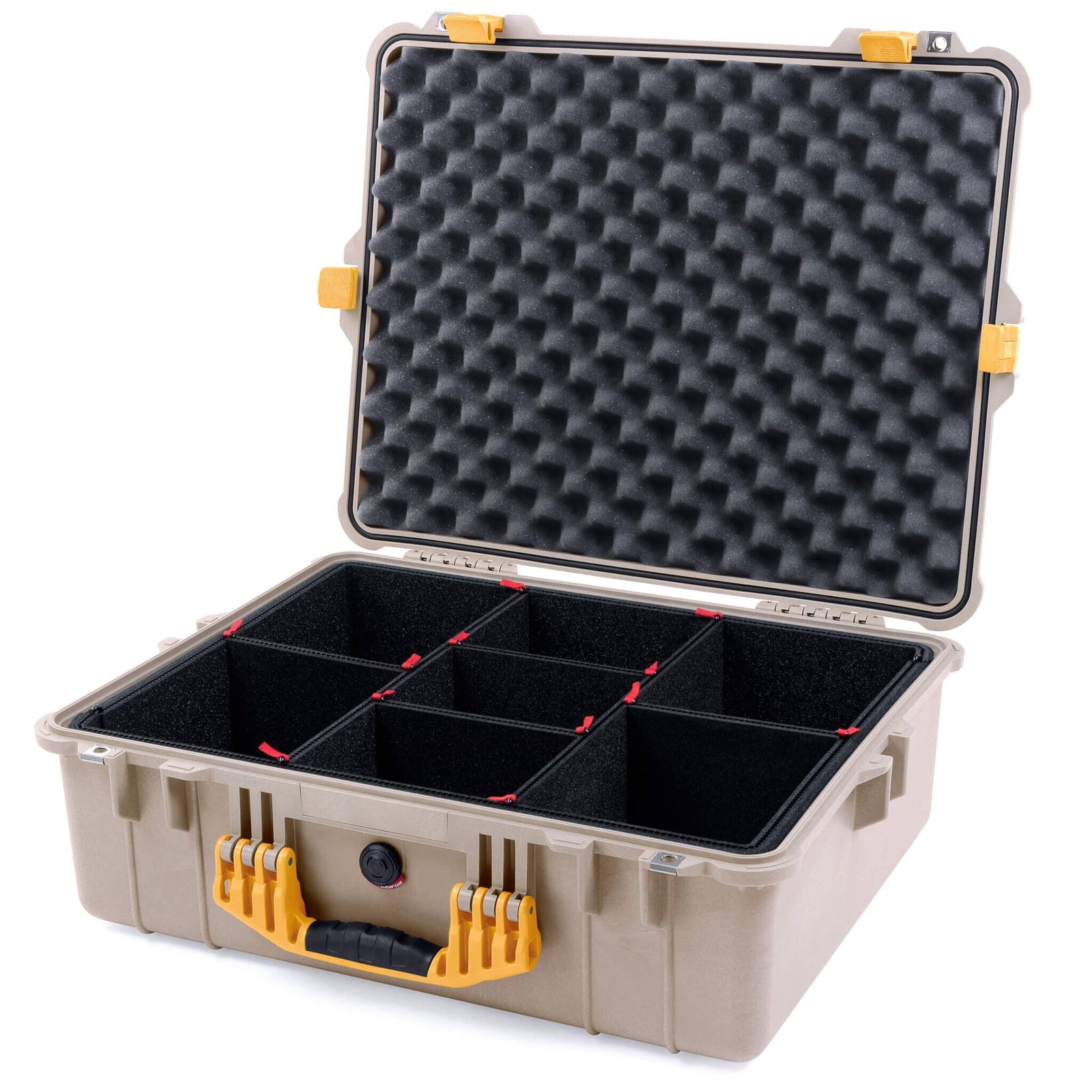 Pelican 1600 Case, Desert Tan with Yellow Handle & Latches TrekPak Divider System with Convoluted Lid Foam ColorCase 016000-0020-310-240