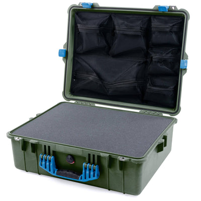 Pelican 1600 Case, OD Green with Blue Handle & Latches Pick & Pluck Foam with Mesh Lid Organizer ColorCase 016000-0101-130-120