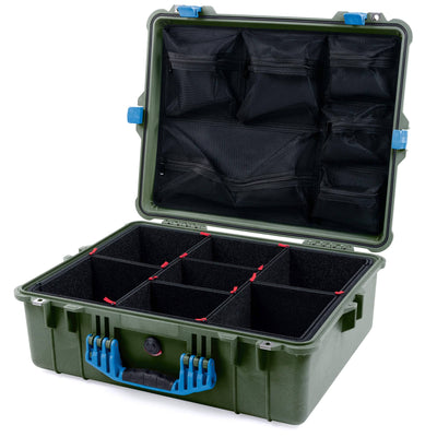 Pelican 1600 Case, OD Green with Blue Handle & Latches TrekPak Divider System with Mesh Lid Organizer ColorCase 016000-0120-130-120