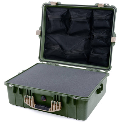 Pelican 1600 Case, OD Green with Desert Tan Handle & Latches Pick & Pluck Foam with Mesh Lid Organizer ColorCase 016000-0101-130-310