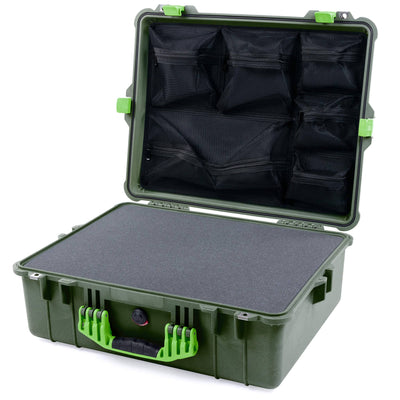 Pelican 1600 Case, OD Green with Lime Green Handle & Latches Pick & Pluck Foam with Mesh Lid Organizer ColorCase 016000-0101-130-300