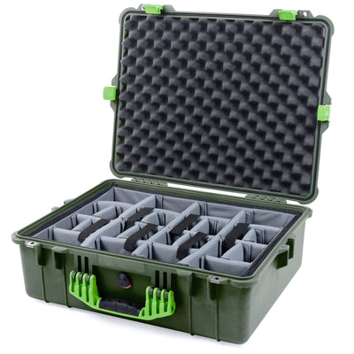 Pelican 1600 Case, OD Green with Lime Green Handle & Latches Gray Padded Dividers with Convoluted Lid Foam ColorCase 016000-0070-130-300