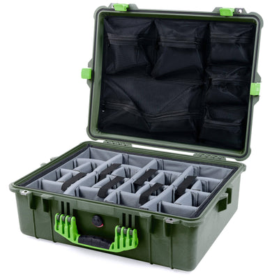 Pelican 1600 Case, OD Green with Lime Green Handle & Latches Gray Padded Dividers with Mesh Lid Organizer ColorCase 016000-0170-130-300