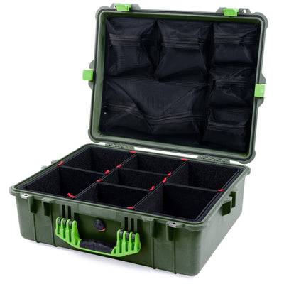 Pelican 1600 Case, OD Green with Lime Green Handle & Latches TrekPak Divider System with Mesh Lid Organizer ColorCase 016000-0120-130-300