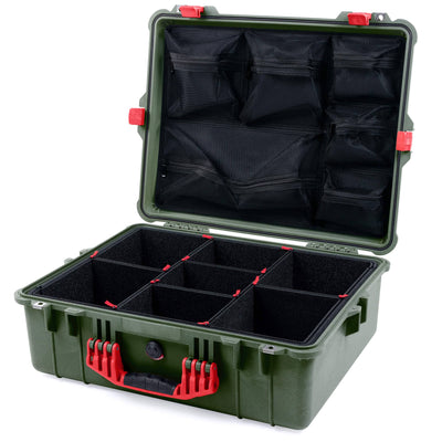 Pelican 1600 Case, OD Green with Red Handle & Latches TrekPak Divider System with Mesh Lid Organizer ColorCase 016000-0120-130-320