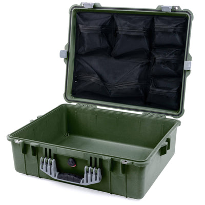 Pelican 1600 Case, OD Green with Silver Handle & Latches Mesh Lid Organizer Only ColorCase 016000-0100-130-180
