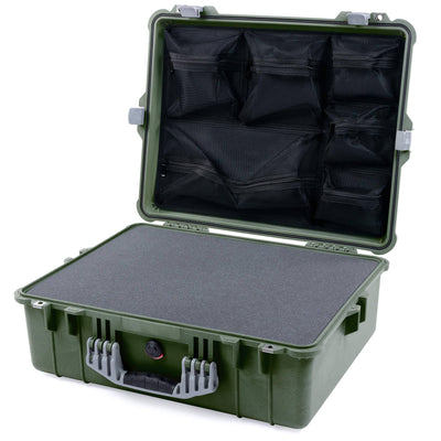 Pelican 1600 Case, OD Green with Silver Handle & Latches Pick & Pluck Foam with Mesh Lid Organizer ColorCase 016000-0101-130-180