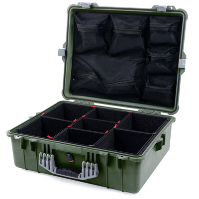 Pelican 1600 Case, OD Green with Silver Handle & Latches TrekPak Divider System with Mesh Lid Organizer ColorCase 016000-0120-130-180