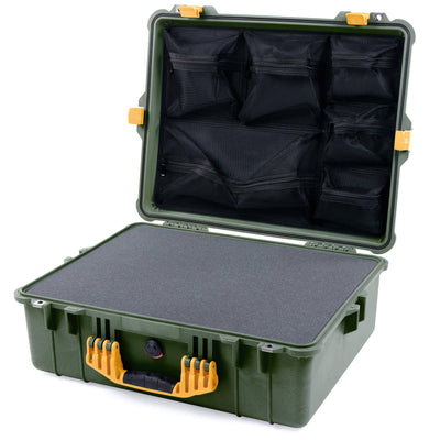 Pelican 1600 Case, OD Green with Yellow Handle & Latches Pick & Pluck Foam with Mesh Lid Organizer ColorCase 016000-0101-130-240
