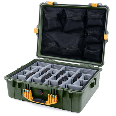 Pelican 1600 Case, OD Green with Yellow Handle & Latches Gray Padded Dividers with Mesh Lid Organizer ColorCase 016000-0170-130-240