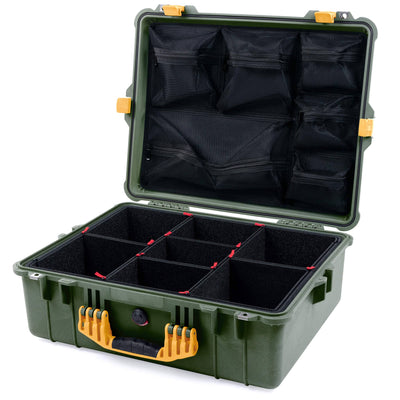 Pelican 1600 Case, OD Green with Yellow Handle & Latches TrekPak Divider System with Mesh Lid Organizer ColorCase 016000-0120-130-240