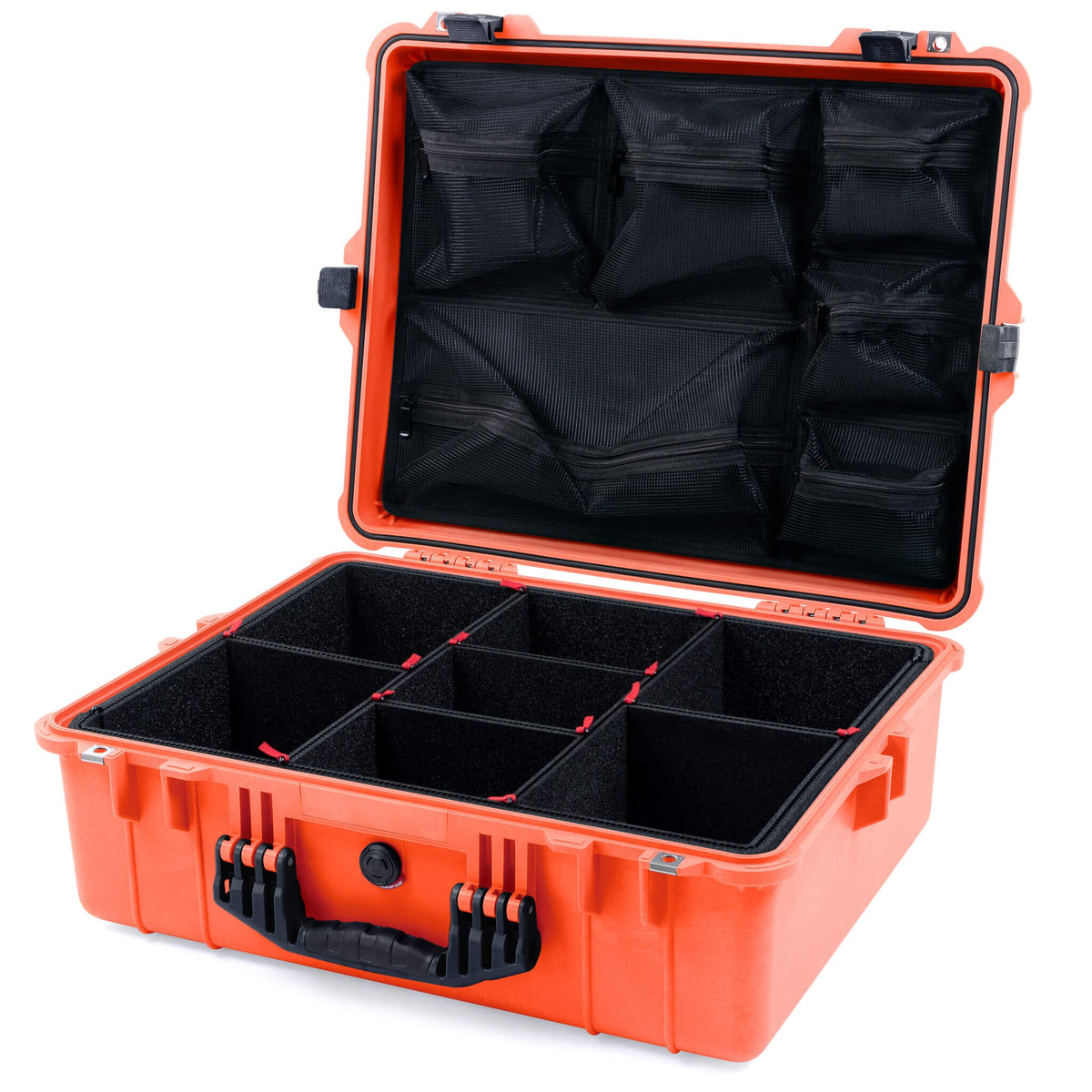 Pelican 1600 Case, Orange with Black Handle &amp; Latches TrekPak Divider System with Mesh Lid Organizer ColorCase 016000-0120-150-110
