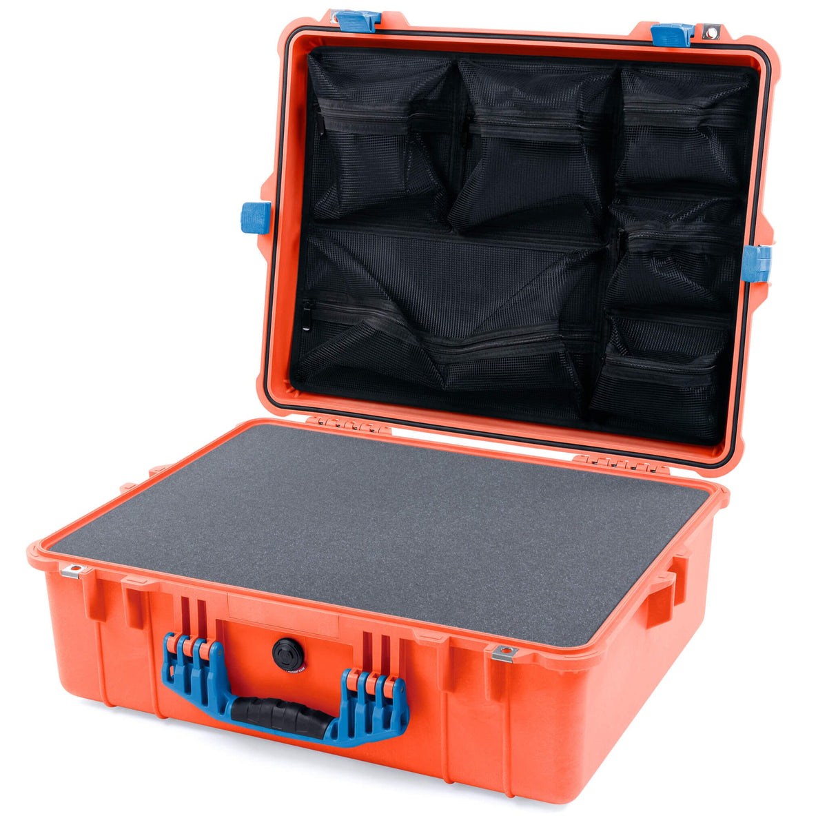 Pelican 1600 Case, Orange with Blue Handle &amp; Latches Pick &amp; Pluck Foam with Mesh Lid Organizer ColorCase 016000-0101-150-120