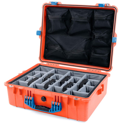 Pelican 1600 Case, Orange with Blue Handle & Latches Gray Padded Dividers with Mesh Lid Organizer ColorCase 016000-0170-150-120