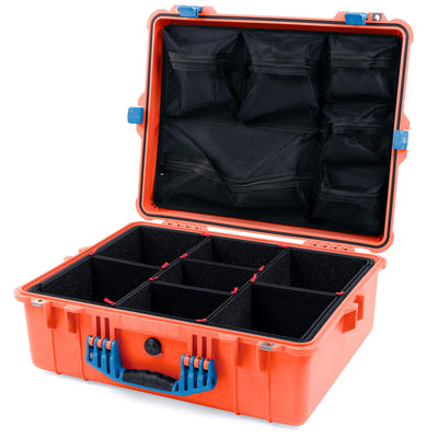 Pelican 1600 Case, Orange with Blue Handle & Latches TrekPak Divider System with Mesh Lid Organizer ColorCase 016000-0120-150-120
