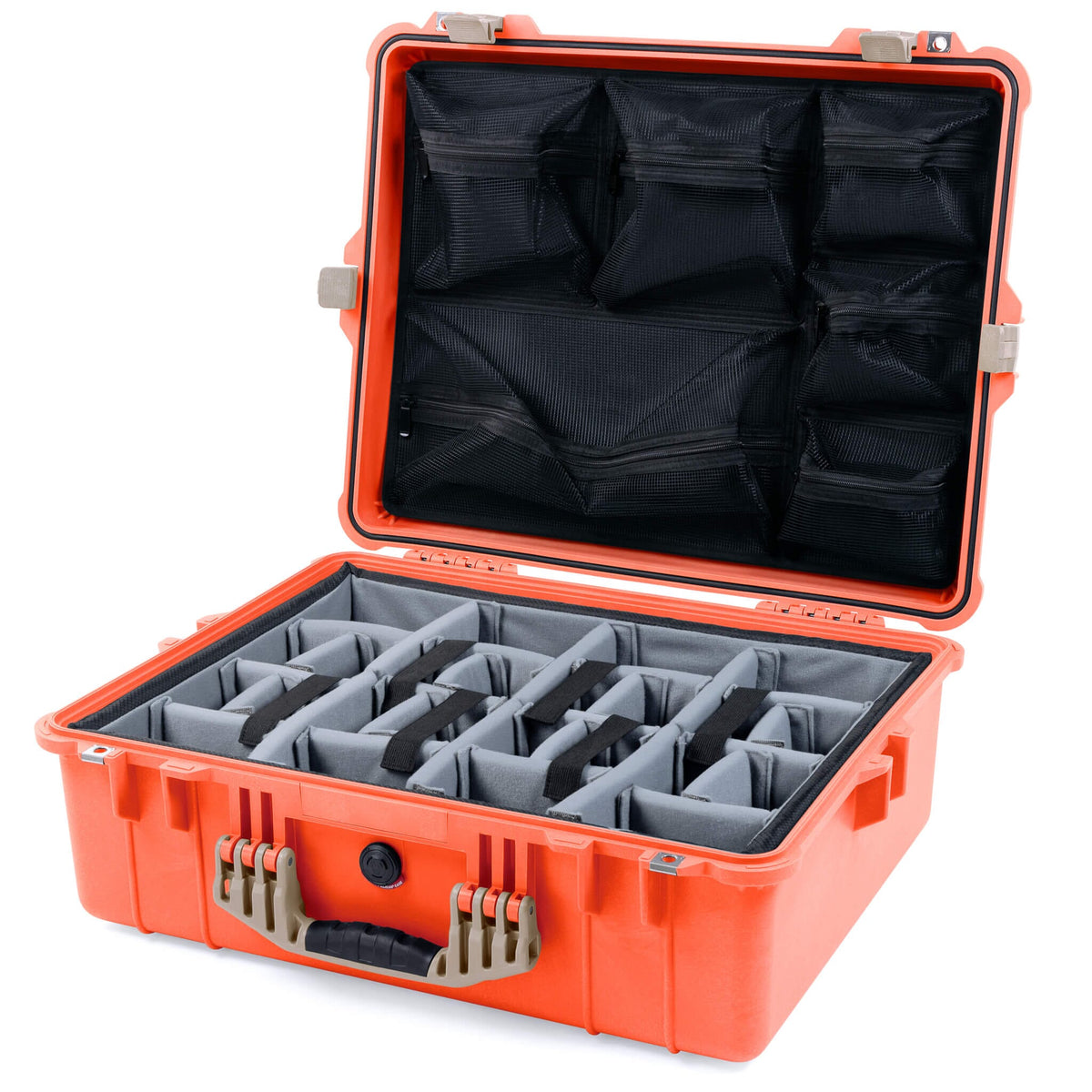 Pelican 1600 Case, Orange with Desert Tan Handle &amp; Latches Gray Padded Dividers with Mesh Lid Organizer ColorCase 016000-0170-150-310