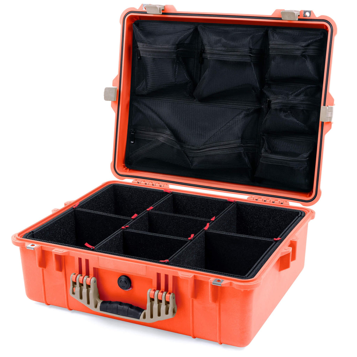 Pelican 1600 Case, Orange with Desert Tan Handle &amp; Latches TrekPak Divider System with Mesh Lid Organizer ColorCase 016000-0120-150-310
