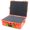Pelican 1600 Case, Orange with Lime Green Handle & Latches Pick & Pluck Foam with Convoluted Lid Foam ColorCase 016000-0001-150-300