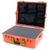 Pelican 1600 Case, Orange with Lime Green Handle & Latches Pick & Pluck Foam with Mesh Lid Organizer ColorCase 016000-0101-150-300