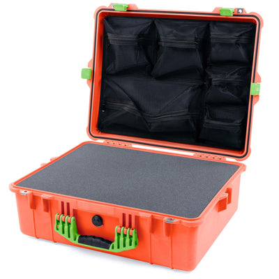 Pelican 1600 Case, Orange with Lime Green Handle & Latches Pick & Pluck Foam with Mesh Lid Organizer ColorCase 016000-0101-150-300