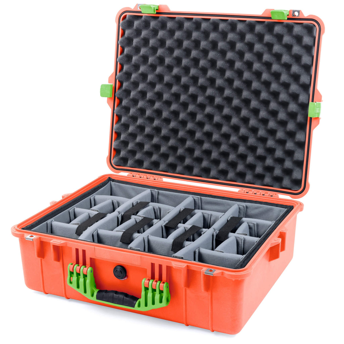 Pelican 1600 Case, Orange with Lime Green Handle &amp; Latches Gray Padded Dividers with Convoluted Lid Foam ColorCase 016000-0070-150-300