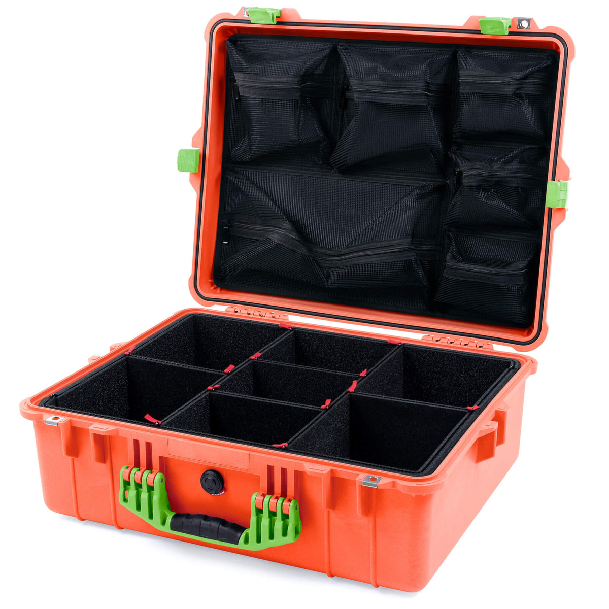 Pelican 1600 Case, Orange with Lime Green Handle &amp; Latches TrekPak Divider System with Mesh Lid Organizer ColorCase 016000-0120-150-300