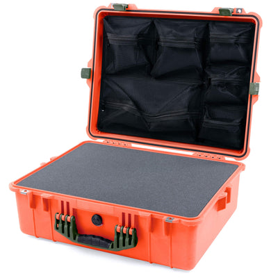 Pelican 1600 Case, Orange with OD Green Handle & Latches Pick & Pluck Foam with Mesh Lid Organizer ColorCase 016000-0101-150-130