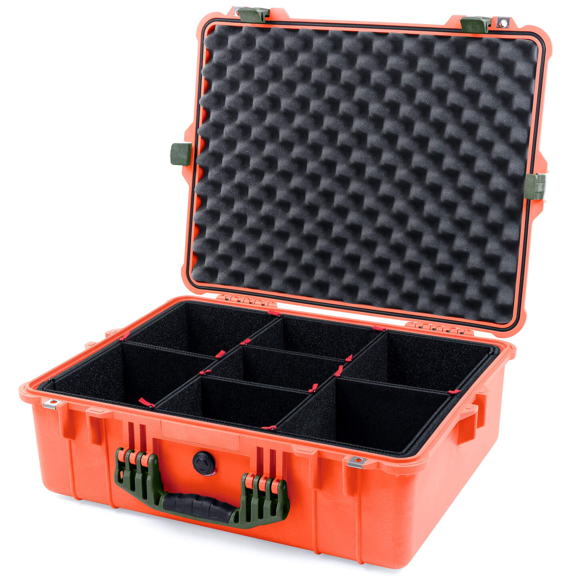 Pelican 1600 Case, Orange with OD Green Handle &amp; Latches TrekPak Divider System with Convoluted Lid Foam ColorCase 016000-0020-150-130