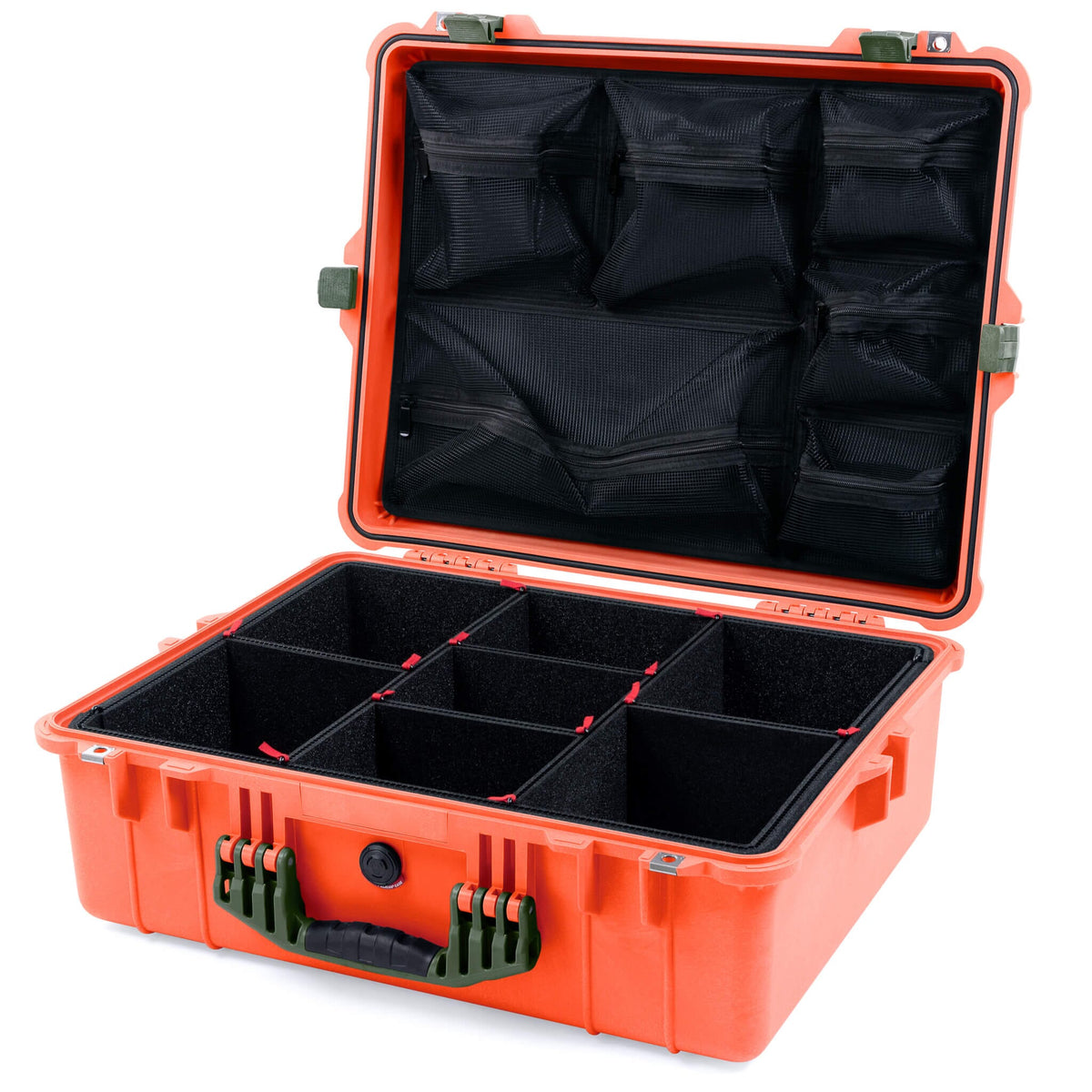 Pelican 1600 Case, Orange with OD Green Handle &amp; Latches TrekPak Divider System with Mesh Lid Organizer ColorCase 016000-0120-150-130