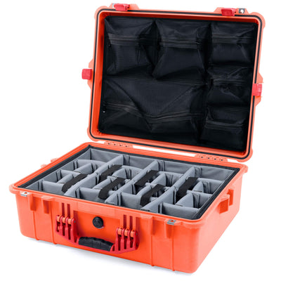 Pelican 1600 Case, Orange with Red Handle & Latches Gray Padded Dividers with Mesh Lid Organizer ColorCase 016000-0170-150-320