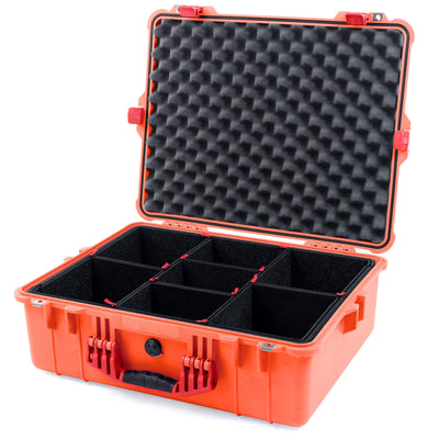 Pelican 1600 Case, Orange with Red Handle & Latches TrekPak Divider System with Convoluted Lid Foam ColorCase 016000-0020-150-320