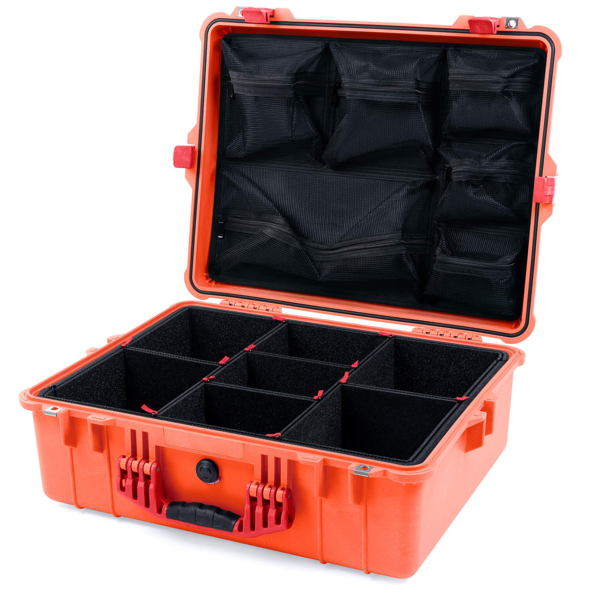 Pelican 1600 Case, Orange with Red Handle &amp; Latches TrekPak Divider System with Mesh Lid Organizer ColorCase 016000-0120-150-320