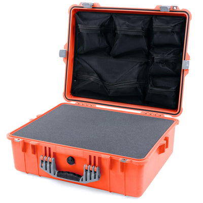 Pelican 1600 Case, Orange with Silver Handle & Latches Pick & Pluck Foam with Mesh Lid Organizer ColorCase 016000-0101-150-180
