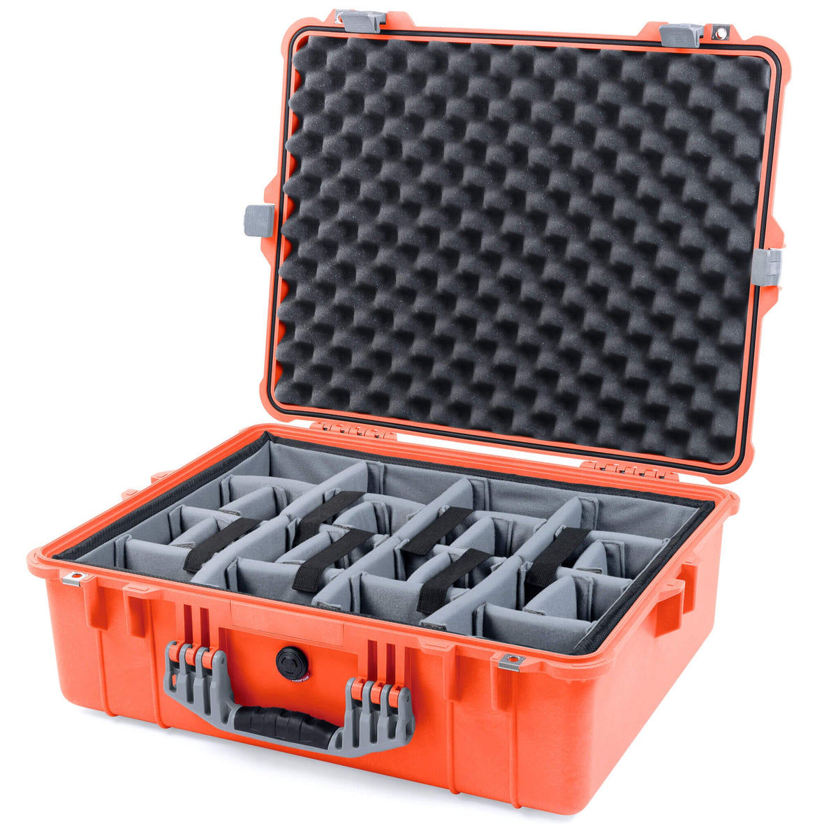 Pelican 1600 Case, Orange with Silver Handle &amp; Latches Gray Padded Dividers with Convoluted Lid Foam ColorCase 016000-0070-150-180