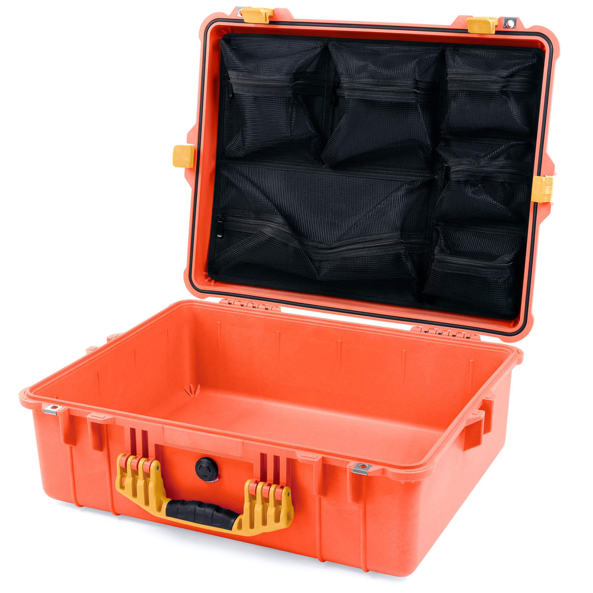 Pelican 1600 Case, Orange with Yellow Handle &amp; Latches Mesh Lid Organizer Only ColorCase 016000-0100-150-240
