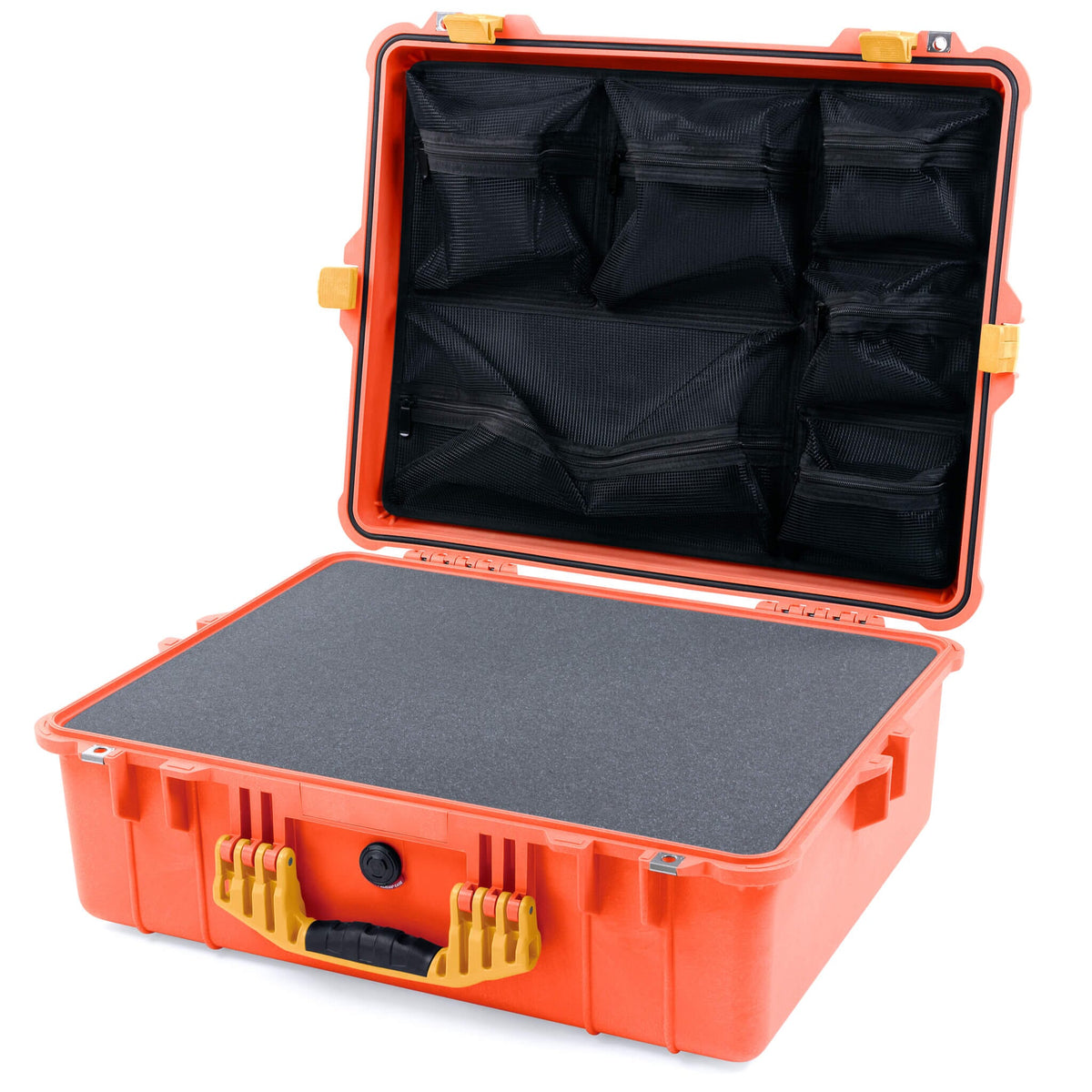 Pelican 1600 Case, Orange with Yellow Handle &amp; Latches Pick &amp; Pluck Foam with Mesh Lid Organizer ColorCase 016000-0101-150-240