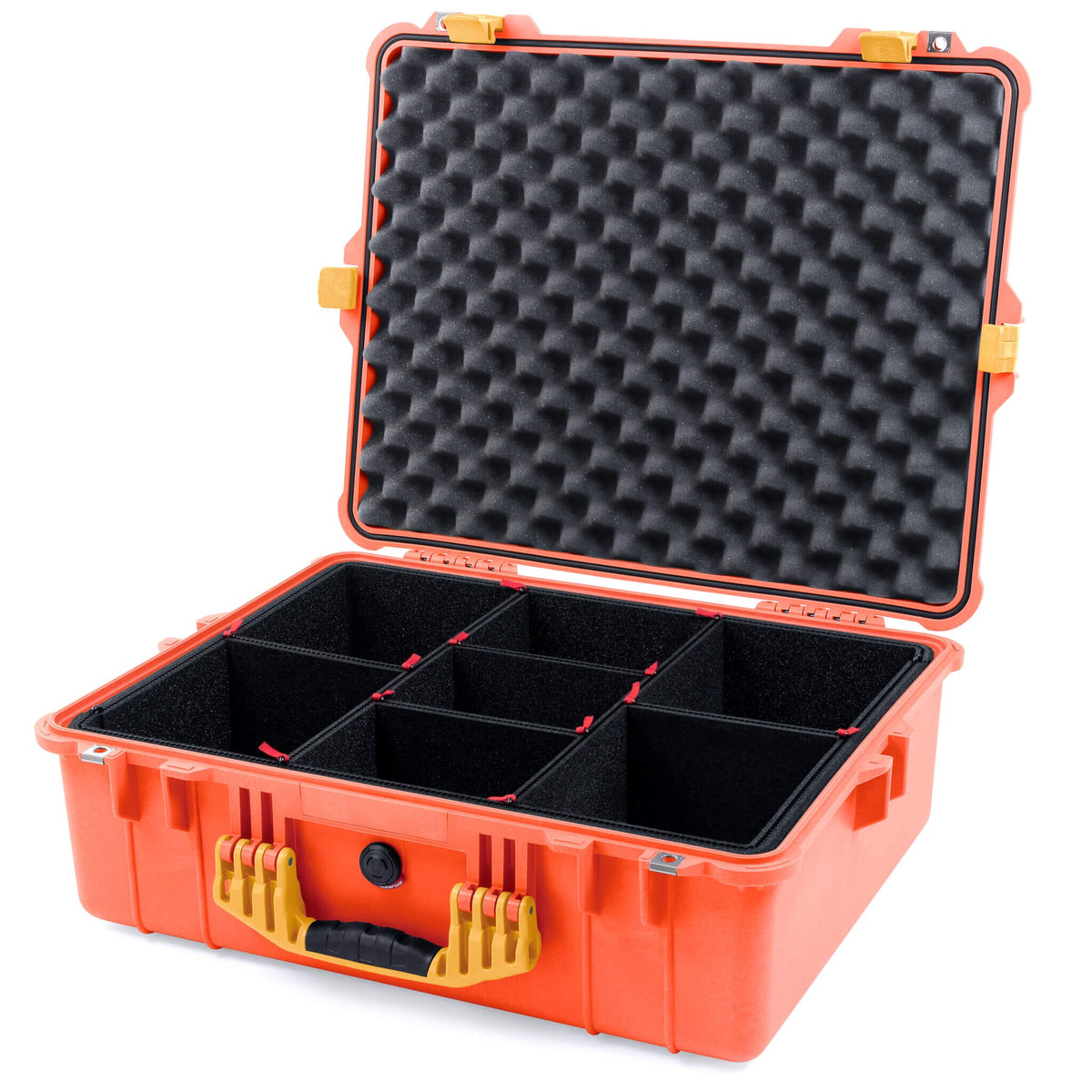 Pelican 1600 Case, Orange with Yellow Handle &amp; Latches TrekPak Divider System with Convoluted Lid Foam ColorCase 016000-0020-150-240