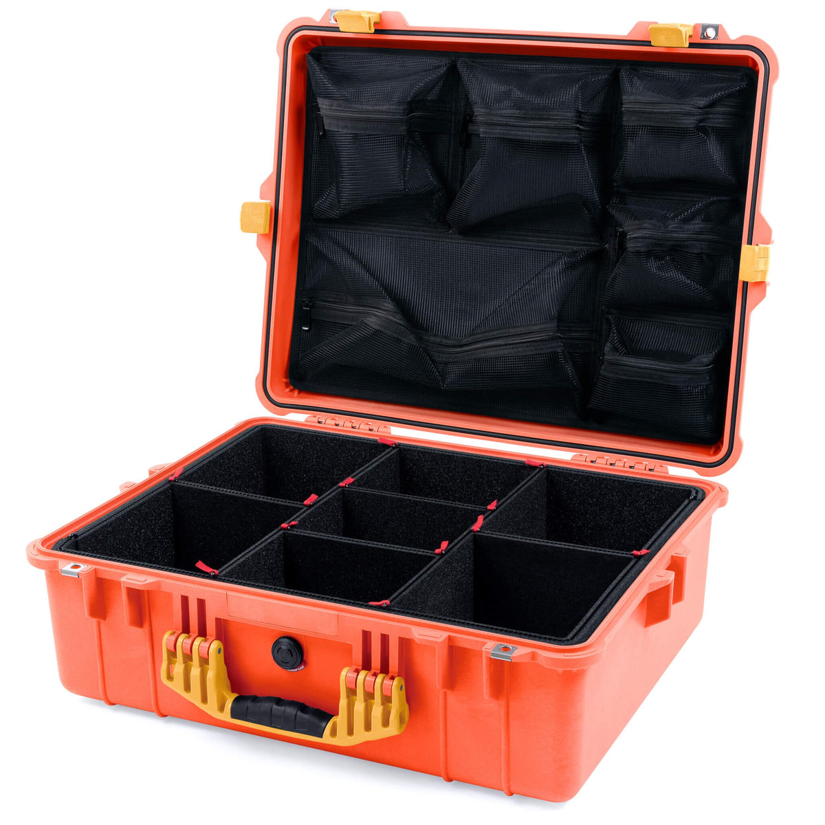 Pelican 1600 Case, Orange with Yellow Handle &amp; Latches TrekPak Divider System with Mesh Lid Organizer ColorCase 016000-0120-150-240