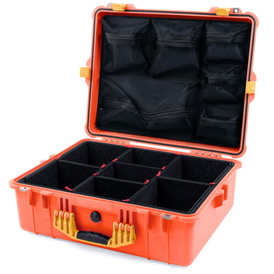 Pelican 1600 Case, Orange with Yellow Handle & Latches TrekPak Divider System with Mesh Lid Organizer ColorCase 016000-0120-150-240