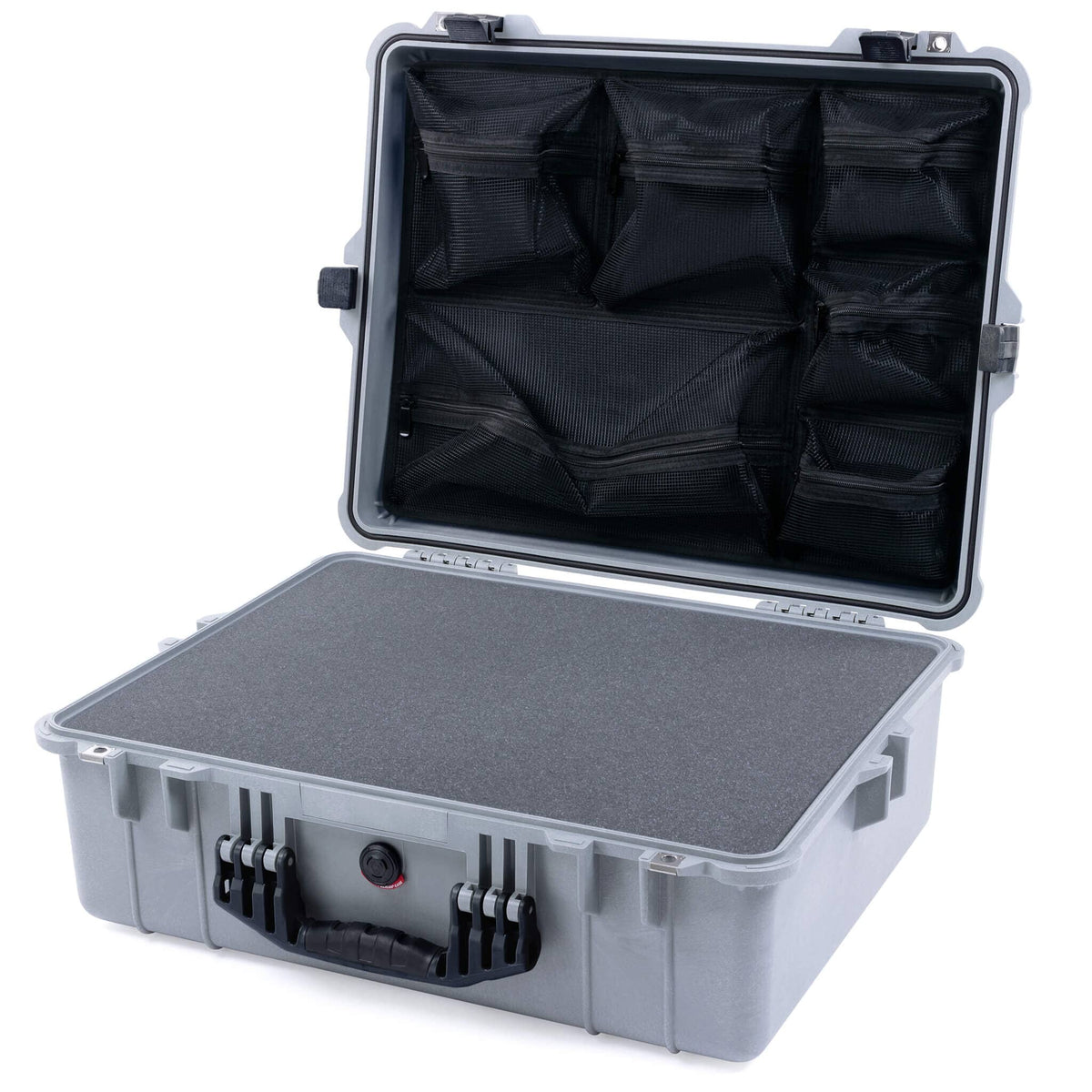 Pelican 1600 Case, Silver with Black Handle &amp; Latches Pick &amp; Pluck Foam with Mesh Lid Organizer ColorCase 016000-0101-180-110